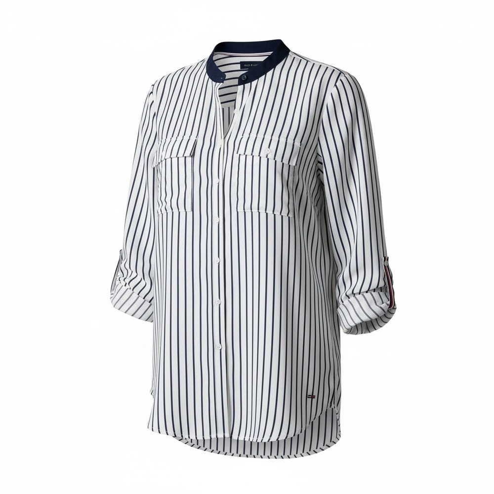 Tommy Hilfiger Button Down Blouse Navy Blue and White Stripe Size Medium
